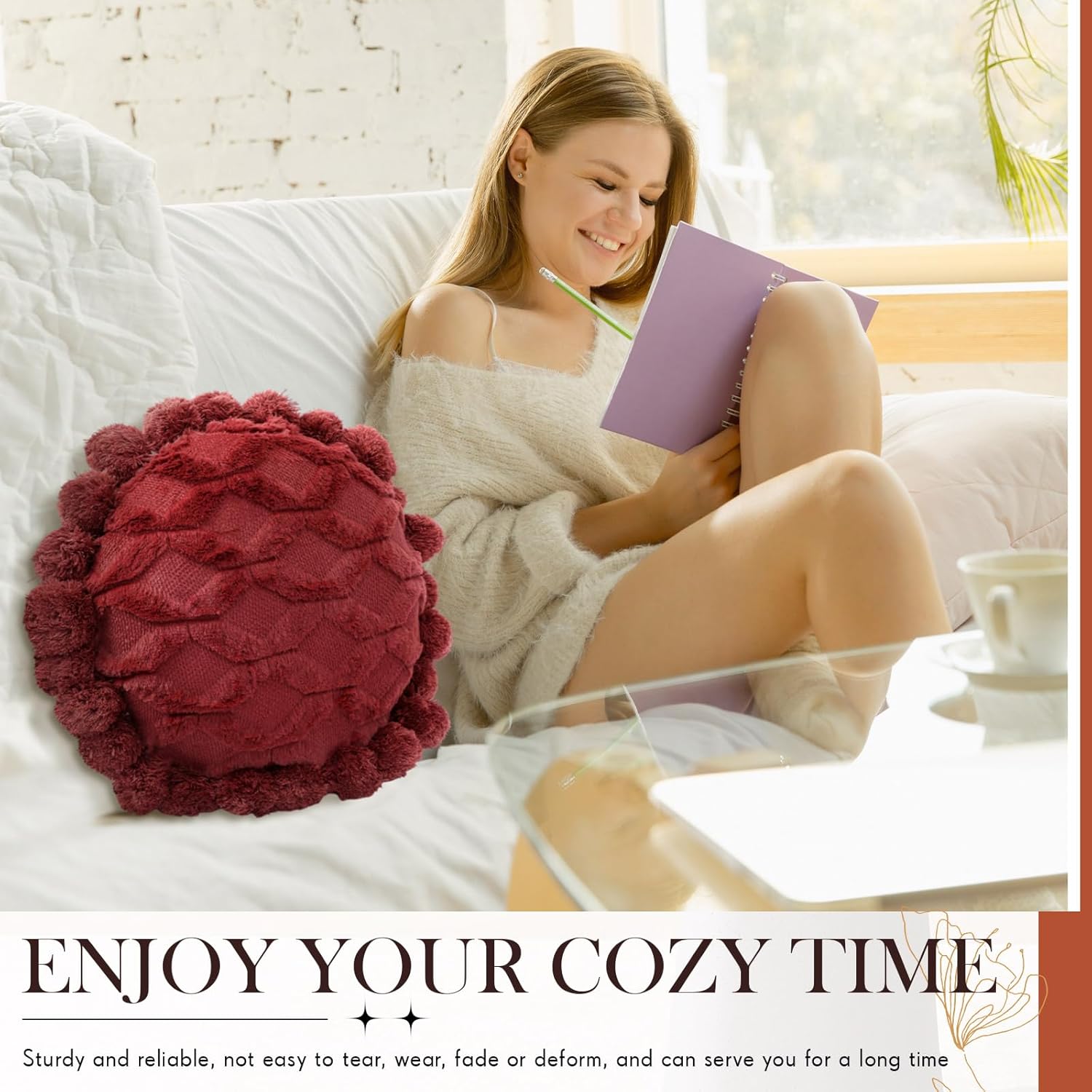 Tranqun 2 Pcs Boho Throw Pillows Cover 15.7 Inch Round Bohemian Decorative Pillow Covers Throw Pillow Cover Hand Tufted with Textured Pom Poms Cushion for Couch Sofa Bed Yoga (Red Rust Color)