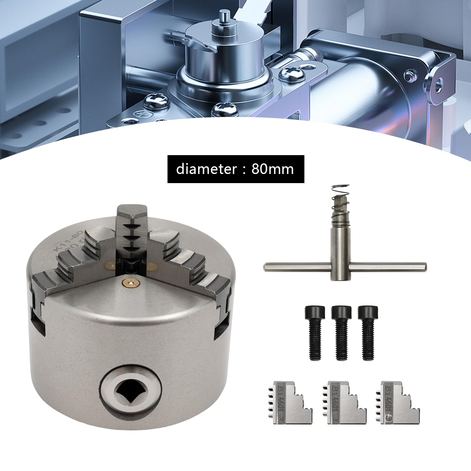 Mandril autocentrado de 3 mordazas, plateado, hierro + acero, rango de sujeción de 2 a 22 mm, rango de sujeción de 25-70 mm, con llave de mandril + mandíbulas, para tornos y CNC