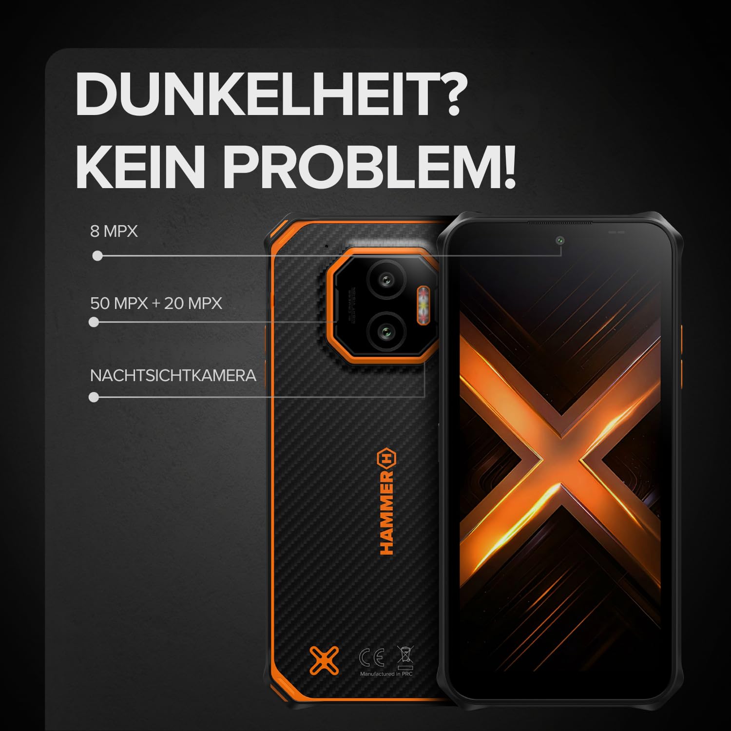 Hammer Energy X2 5G 8+8GB/256GB Outdoor Handy, Baustellenhandy und Rugged Handy, 6.1" Display, IP69 wasserdicht, 5000mAh Akku, Dual SIM, eSIM, 2 Jahre Garantie – Schwarz