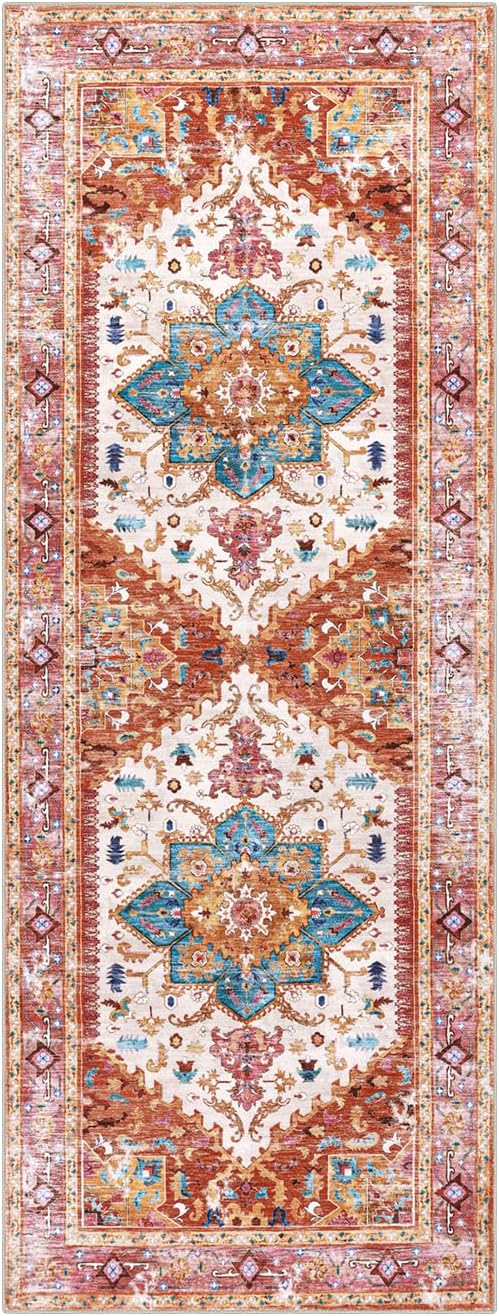 Blue and Pink Medallion Low Pile Washable Runner Rug