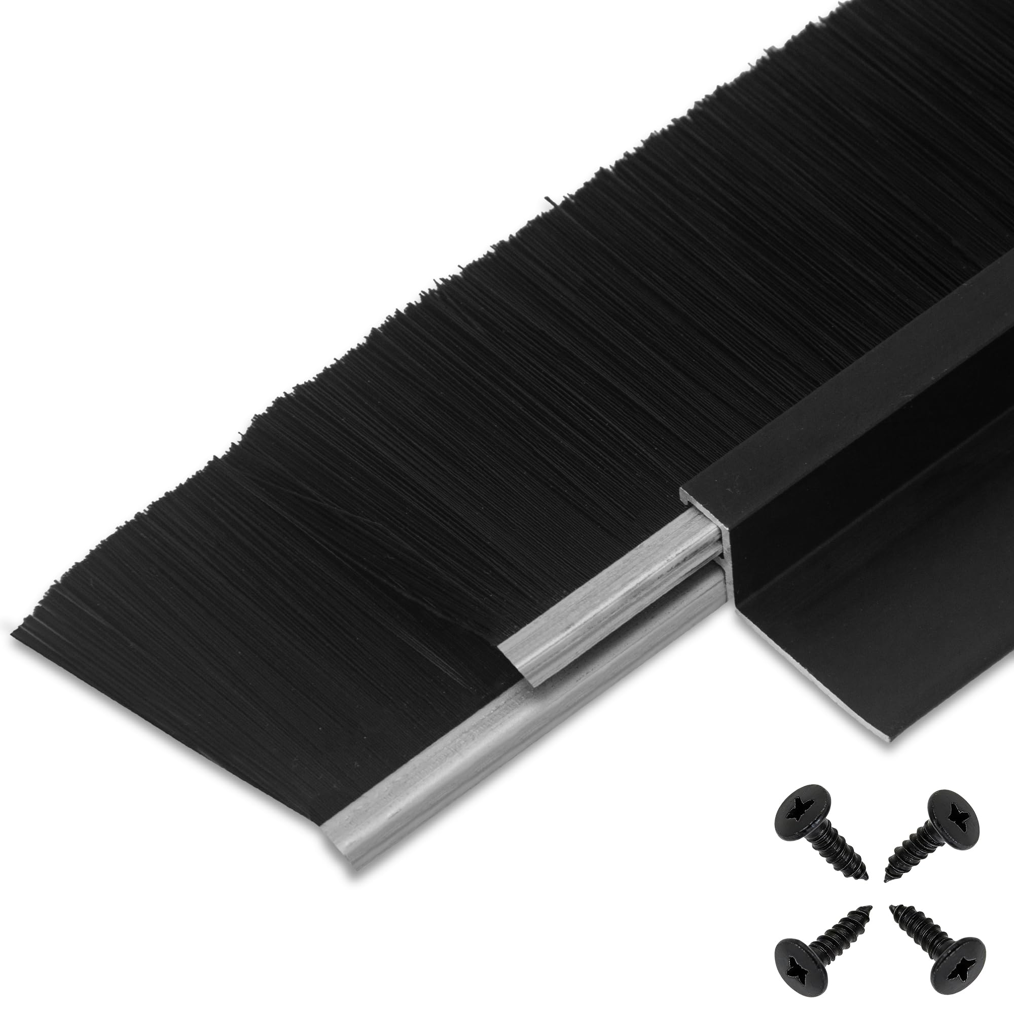 Retsun Set of 4 Dual-Layer Door Brush Seal Strips – 61mm x 880mm / 2.4" W x 34.6" L, Aluminium Screw-On Gap Blocker with PP Bristles for Wide Gaps, Draught, Dust & Insect Protection, Black（Dual1.5,4）