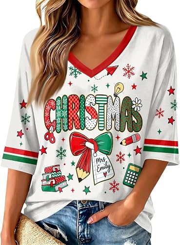 Christmas Shirts for Women Snowflake Reindeer Snowman Santa Print Plus Size
