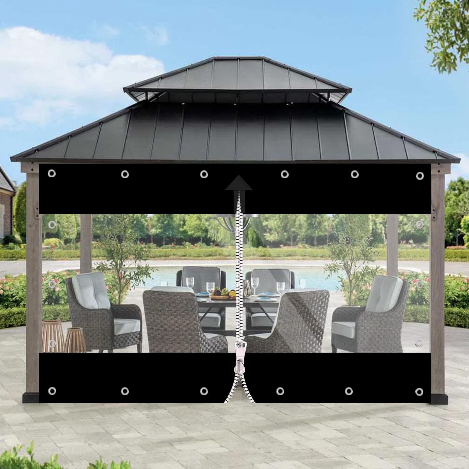Heavy Duty Waterproof PVC Transparent Tarpaulin with Double Zip - 420 g/m² Tear-Resistant, Windproof, UV-Resistant Clear Tarp with Eyelets for Outdoor Patio, Porch, Garden, Gazebo (Black, 2.4 * 2.1m) — image 1