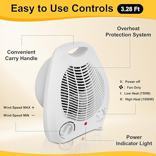 Miniatura 3 de Calentador de espacio pequeño de 2 piezas de 1500 W, calentador eléctrico personal con 3 modos, protección contra sobrecalentamiento, calentador de