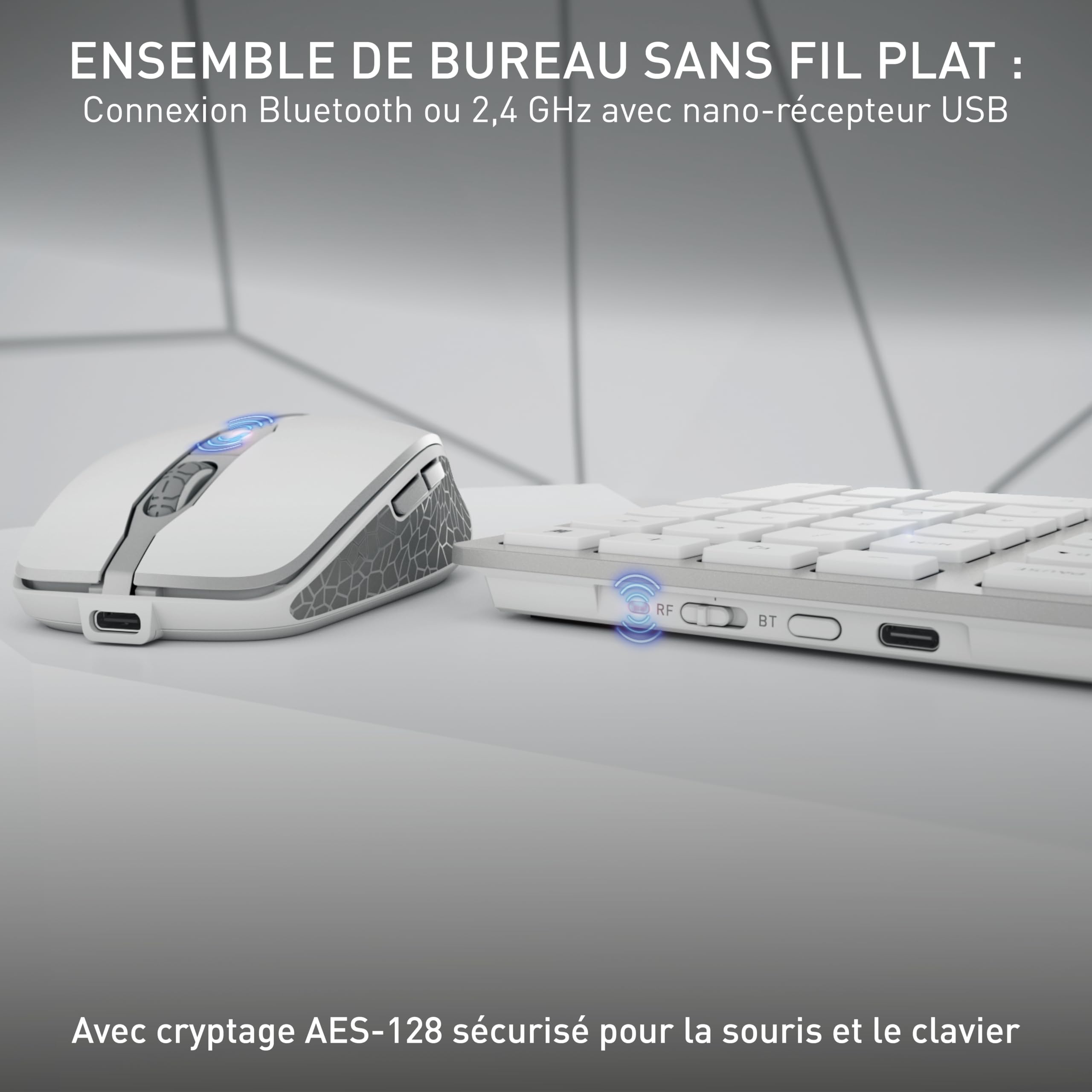 CHERRY DW 9100 Slim, Ensemble Clavier et Souris sans Fil, Disposition Belge (AZERTY), Bluetooth et radio4 GHz, Touches silencieuses, Rechargeable, Blanc argenté