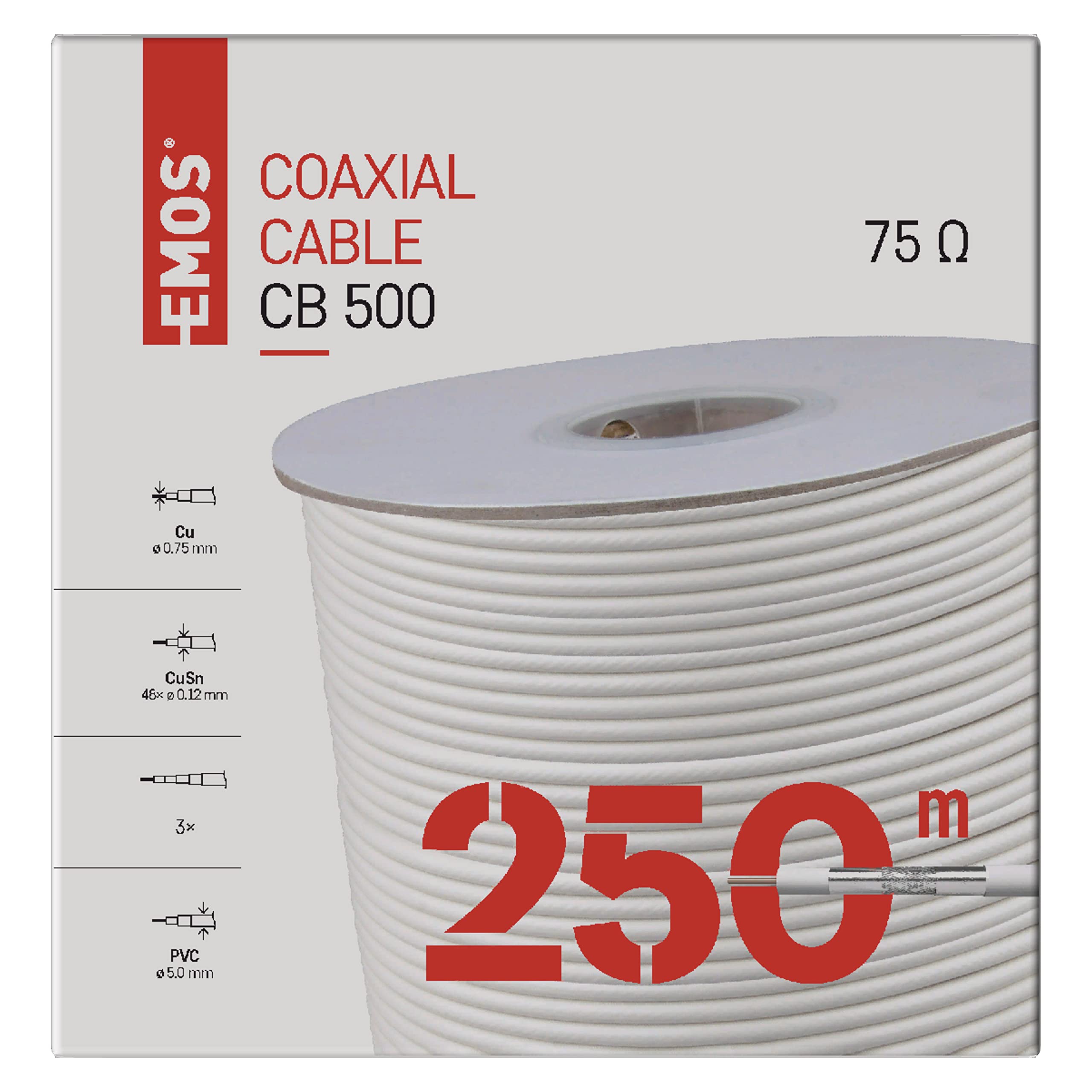 EMOS Cavo antenna 250 m, bianco, cavo coassiale per SAT, TV e CCTV, tipo CB500, cavo TV a doppia schermatura, cavo satellitare con schermatura 75 dB, resistenza 75 Ohm