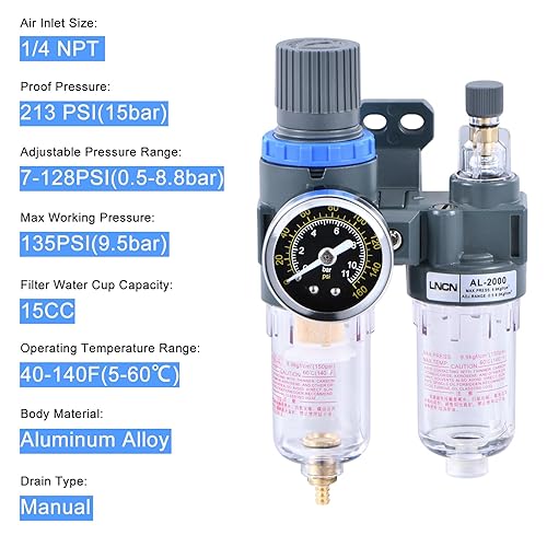 Miniatura 3 de Filtro de aire de compresor de 14 pulgadas Regulador de presión Filtro separador de trampa de agua y aceite con copa lubricante AFC2000