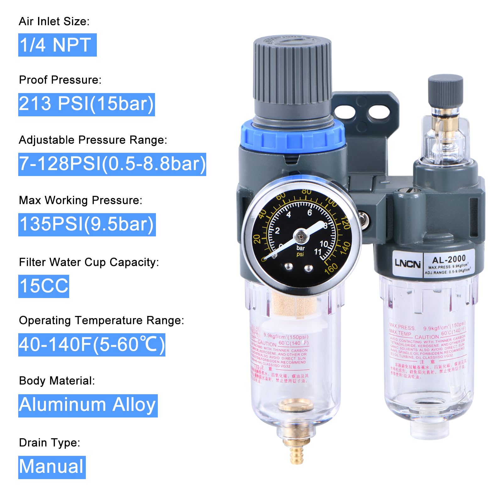 1/10.2 cm Kompressor Luftfilter Druckregler Wasser-Ölabscheider Filter mit Schmierbecher AFC2000