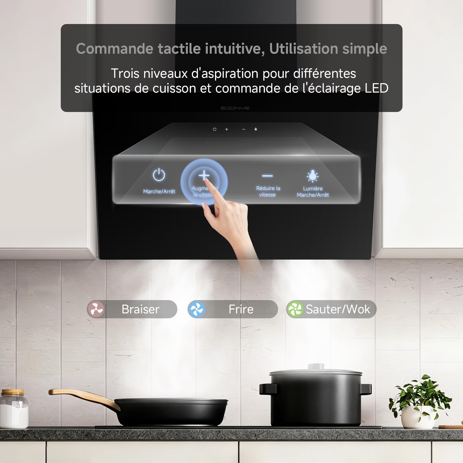 Hotte Aspirante Inclinée 60cm Classe A+++, Hotte de Cuisine 380m³/h, Écran Tactile LED,Filtres à Charbon Inclus,Hotte Murale Évacuation extérieure ou Recyclage,Noir