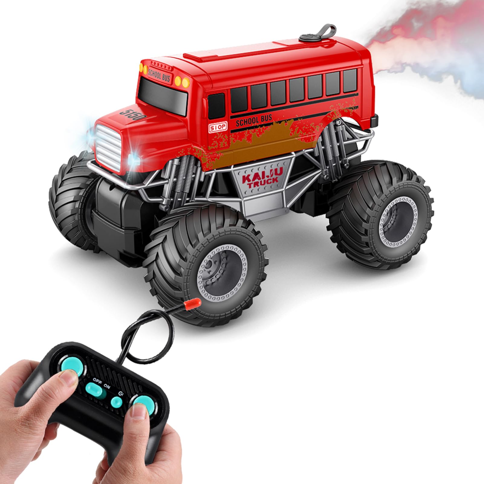 GoolRC Remote Control Car, 1:16 Scale Remote Control Truck, All Terrain Off-Road Monster Truck, Red RC School Bus with Spray and LED Lights, Rechargeable Electronic Vehicle for Kids, Boys and Girls