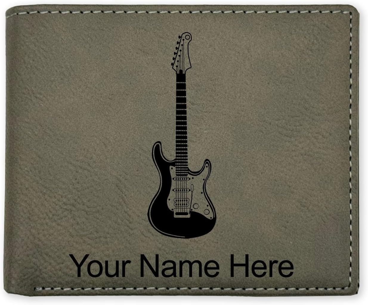 LaserGram Faux Leather Bi-Fold Wallet, Electric Guitar, Personalized Engraving Included (Black with Silver)