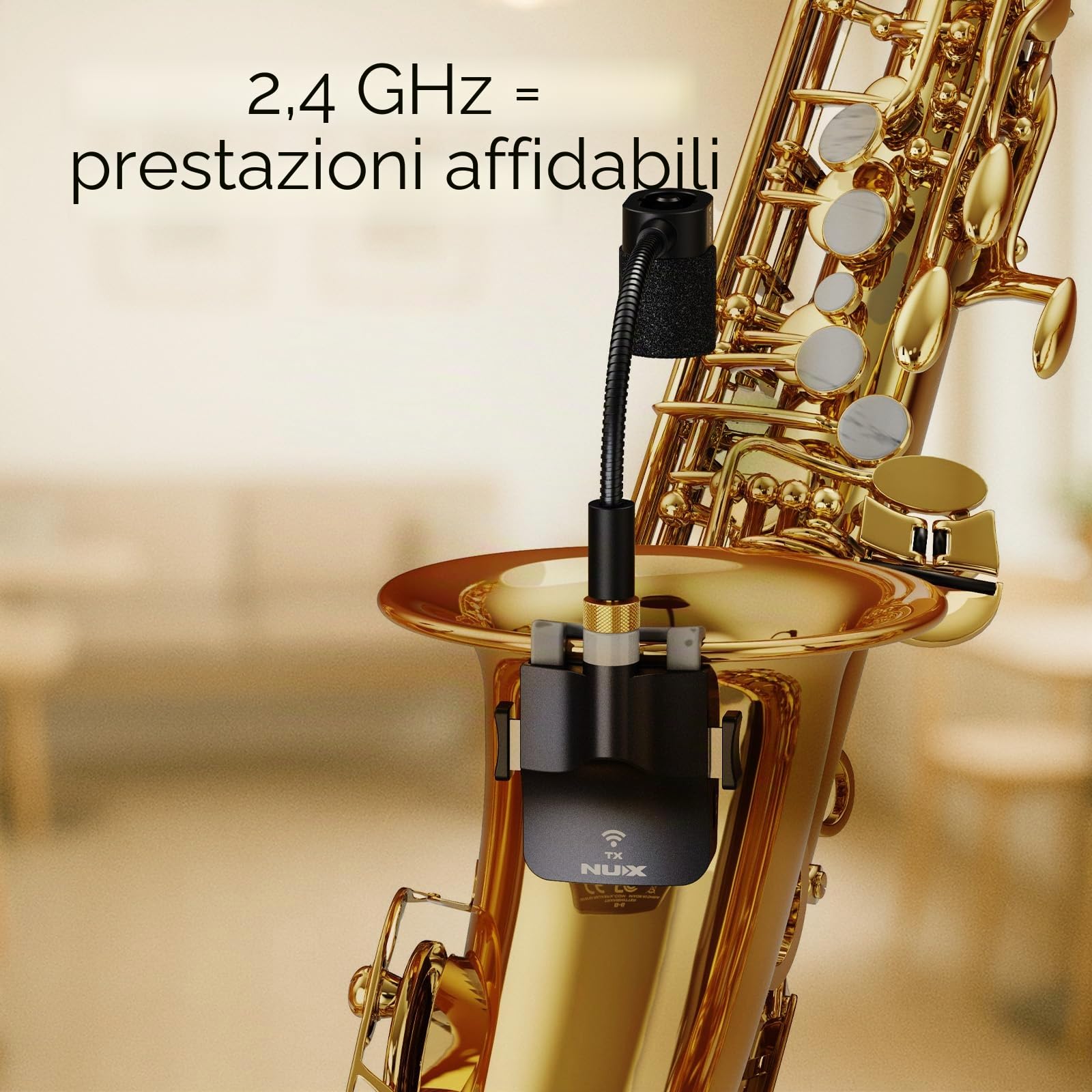 NUX B-6 - Sistema wireless per sassofono con custodia ricaricabile, portata 20m, audio 24 bit/44,1 kHz, microfono senza fili 2,4 GHz
