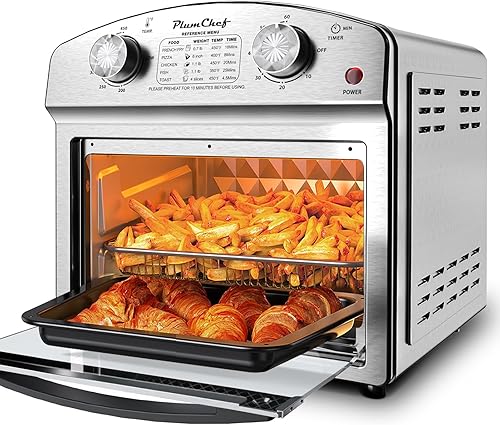 PlumChef - Horno tostador de convección con freidora de aire de 13 cuartos de galón, 4 rebanadas, con menú de referencia, 1500 W, multifunción 7 en