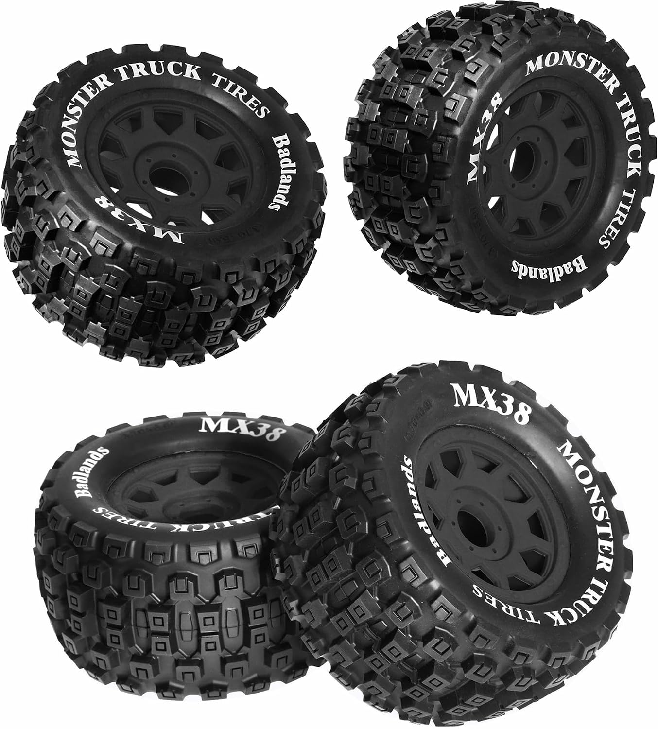 RC Monster Truck Tires and Wheels Set, MX38 3.8" MT Tires 17mm Hex for Arrma Notorious Kraton Outcast 6S E-REVO Summit TEKNO MT410 1/7 1/8 1/10 RC Truck(Black)