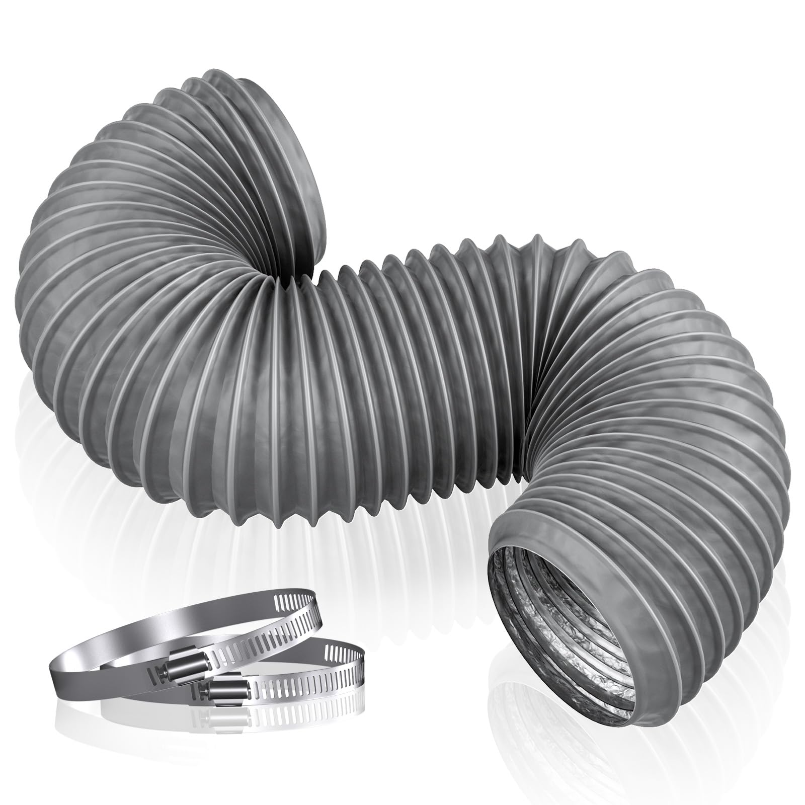 Hon&amp;Guan 4inch 5FT Dryer Vent Hose, Flexible Exhaust Duct Hose, PVC Aluminum Vent Hose with 2 Clamps for Tight Space, HVAC Ventilation