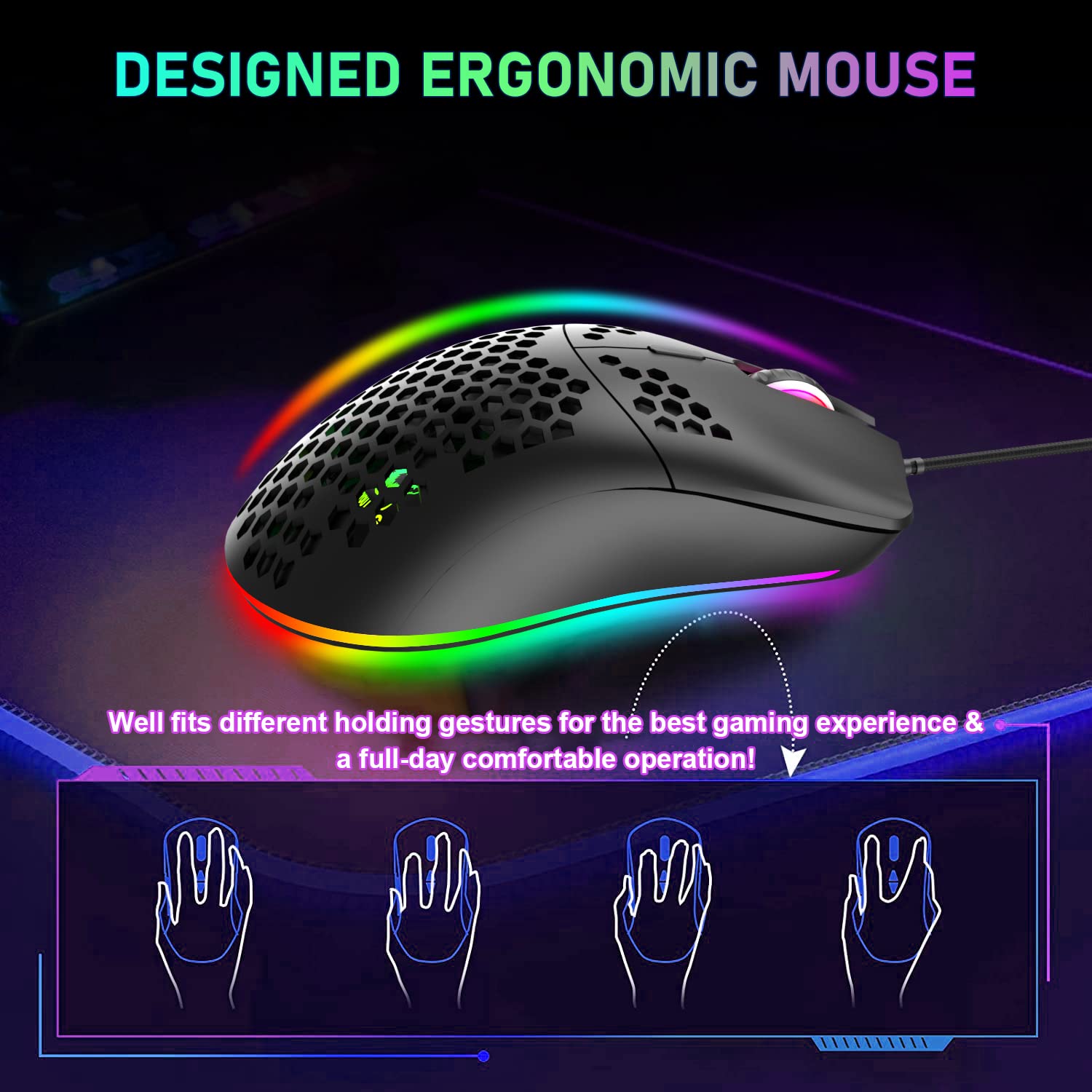 Lexonelec MK14-65 Percent Kompakt Pc Mac Gaming Maus Und Tastatur Set Mit Kabel RGB Handballenauflage Typ C Gamer Tastaturen Ergonomische 12000 DPI Beleuchtung Led Maus - Roter Schalter