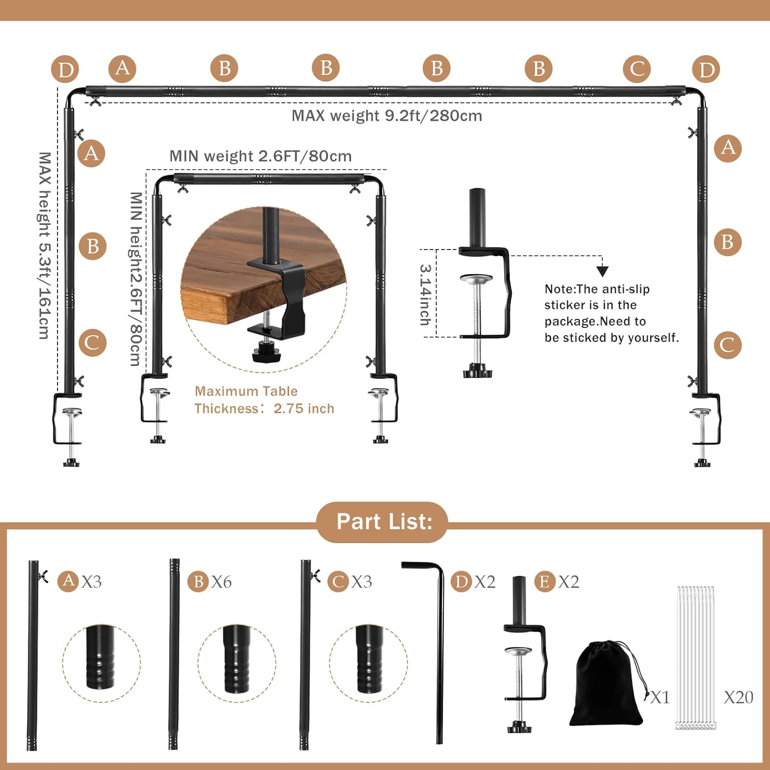 Over The Table Rod Stand with Clamps Adjustable 31-110 in Length 31-64 in Height Black Table Balloon Arch Hanging Stand with Storage Bag for Valentines Day Wedding Birthday Party Decoration
