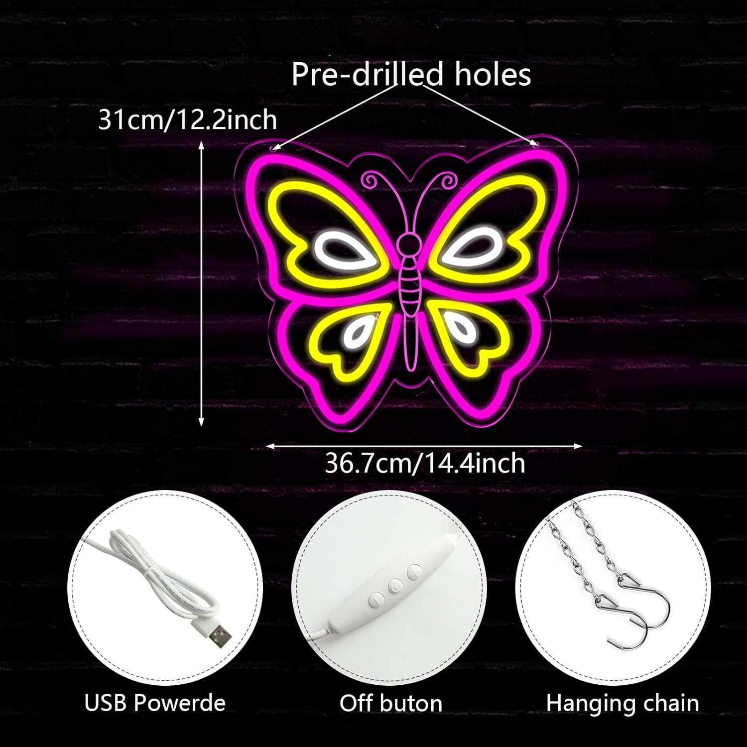 Butterfly Neon Sign for Wall Decor,Led Lights for Party Decorations,Dimmable Butterfly Wall Decor, Neon Sign for Girls Bedroom Bar Wedding Birthday Mother's Day Gifts12.2 * 14.4inch
