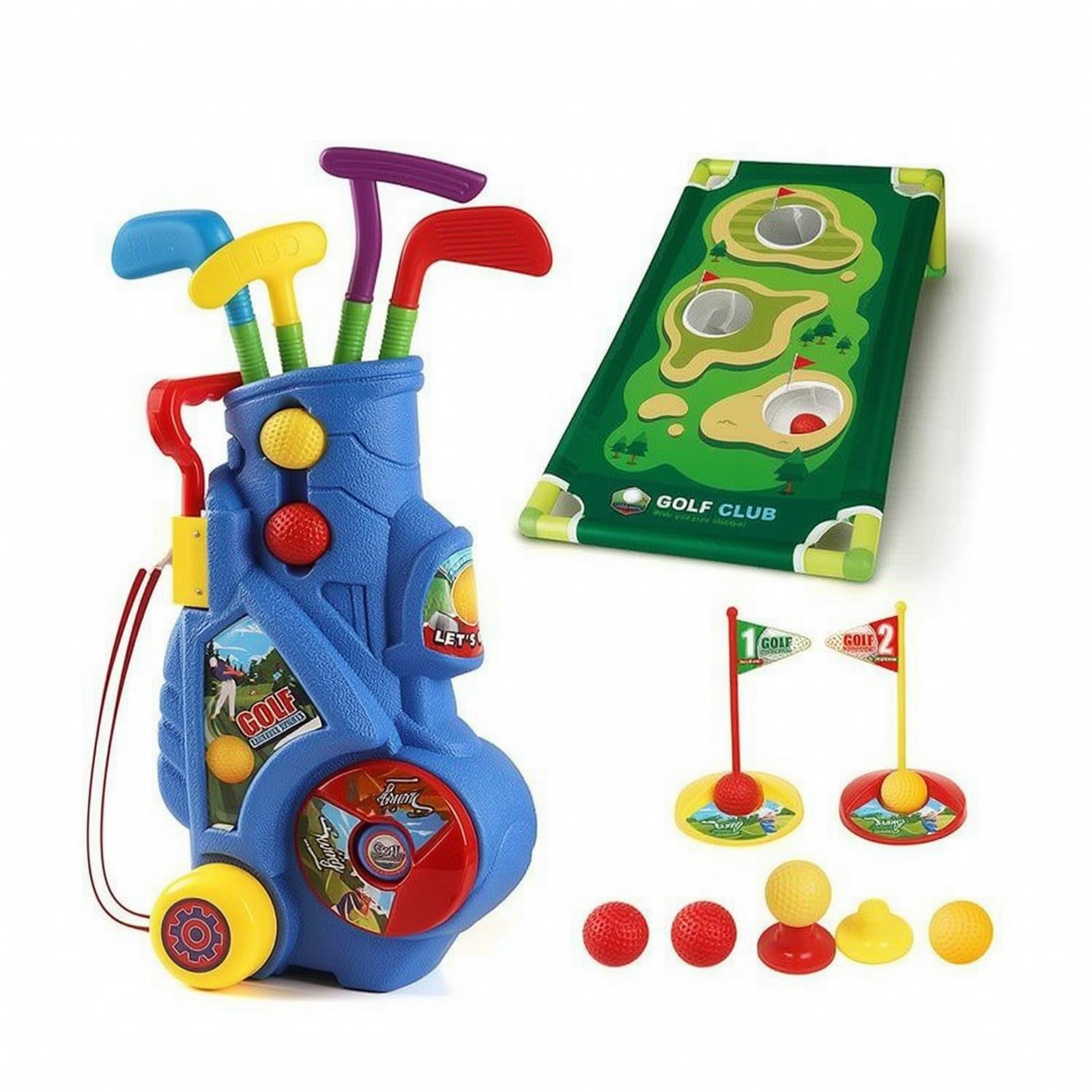 Juego Golf Infantil con Carrito Portátil Juego Golf con Alfombra Putt Ligero para Jardín