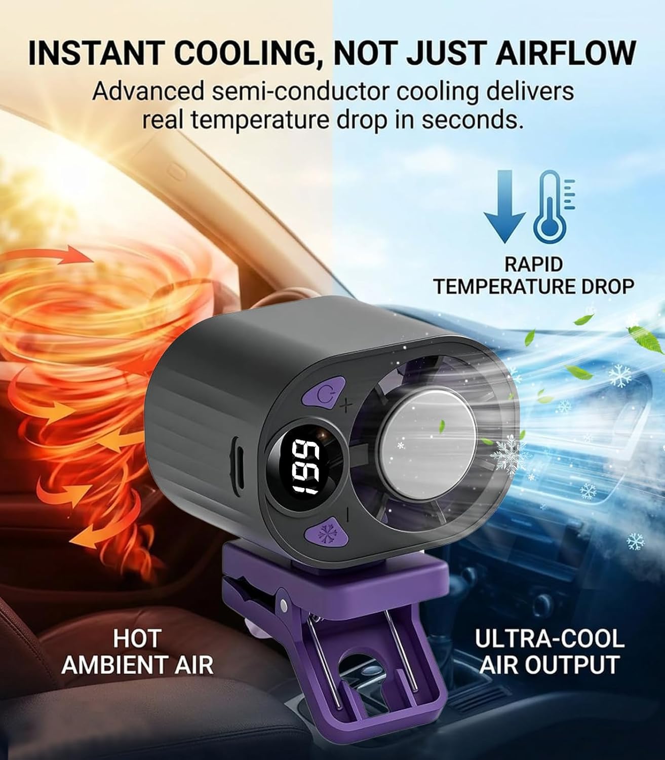 2026 Car Clip on Air Conditioner Fan with LED Display, Mini Cooling System for Auto Vehicle, 360° Rotation 199 Speeds Adjustable Portable Air Conditioner for Cars, Work, Camping (Black)