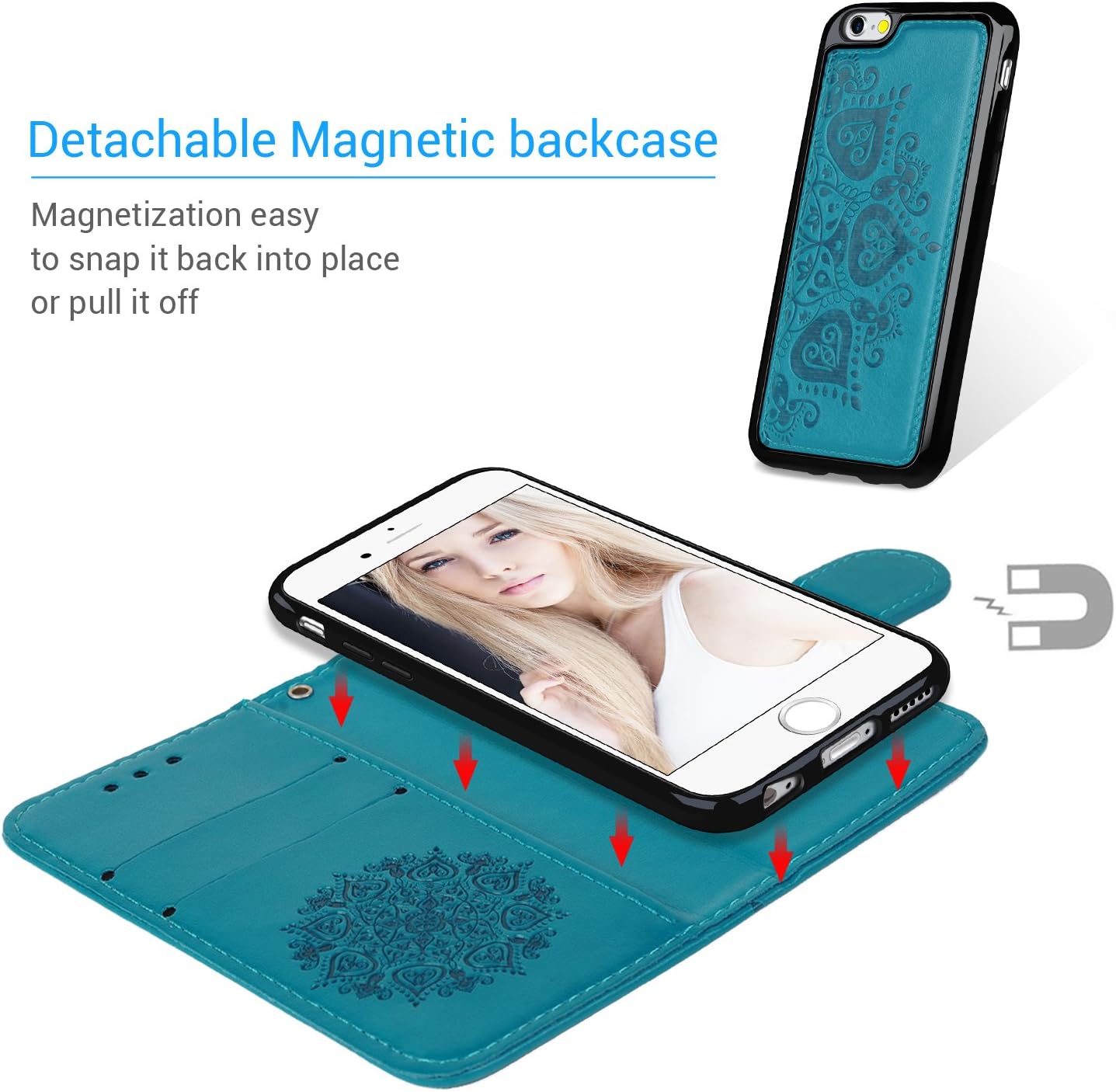 SUPWALL Compatible with iPhone 6 6S Wallet Case, iPhone 6 6S Case PU Leather Embossed Mandala Florals TPU Cover Magnetic Detachable Wallet Card Slots Wrist Strap Case for iPhone 6 6S 4.7 inch Blue