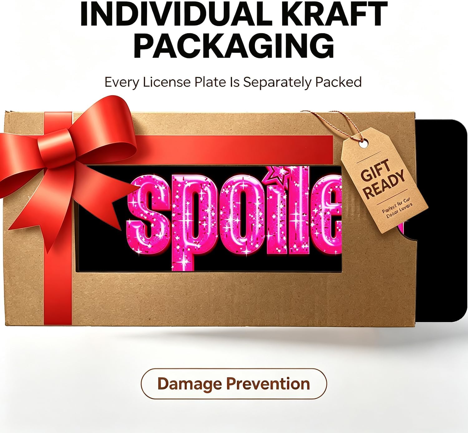 Spoiled Pink Glitter License Plate Style Vehicle Decor Plate for Women | Front Vanity Tag, Wall Decor, Standard US Size Slots, Heavier & Sturdier Build, Individual Kraft Packaging