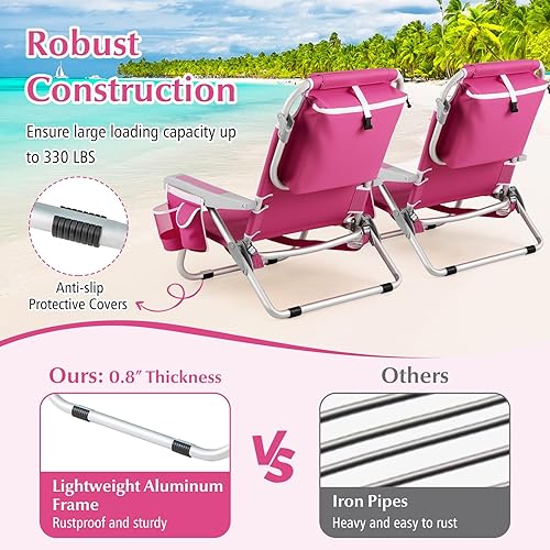 Miniatura 6 de GYMAX Silla de playa, tumbona mochila de 330 libras con respaldo de 5 posiciones, bolsa de almacenamiento, bolsillo lateral, barra de toalla y