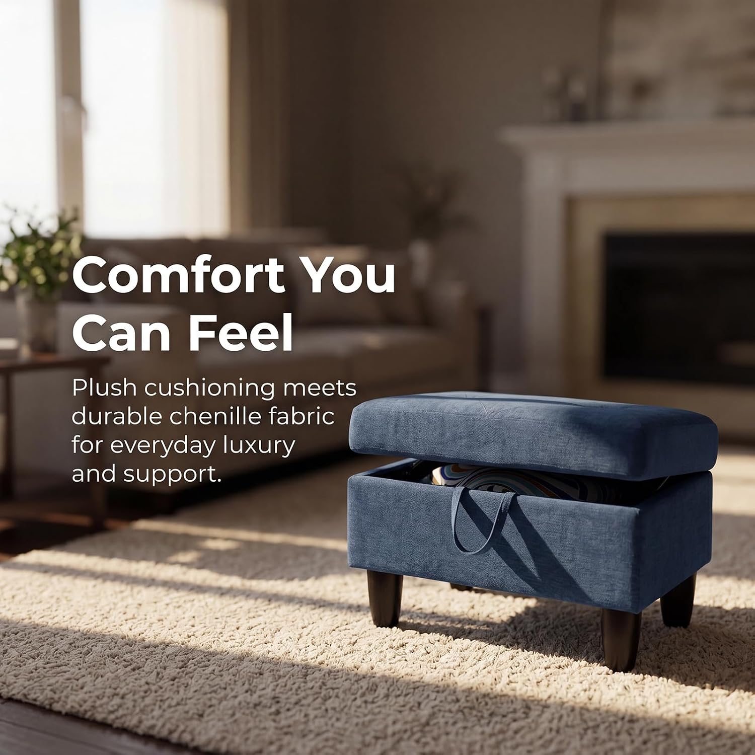28" Storage Ottoman with Storage for Bedroom, Solid Wood End of Bed Storage Bench, 660lbs Capacity Heavy Duty Foot Rest Stool, Navy Blue Linen Bench with Double Layer Springs (Dark Blue)