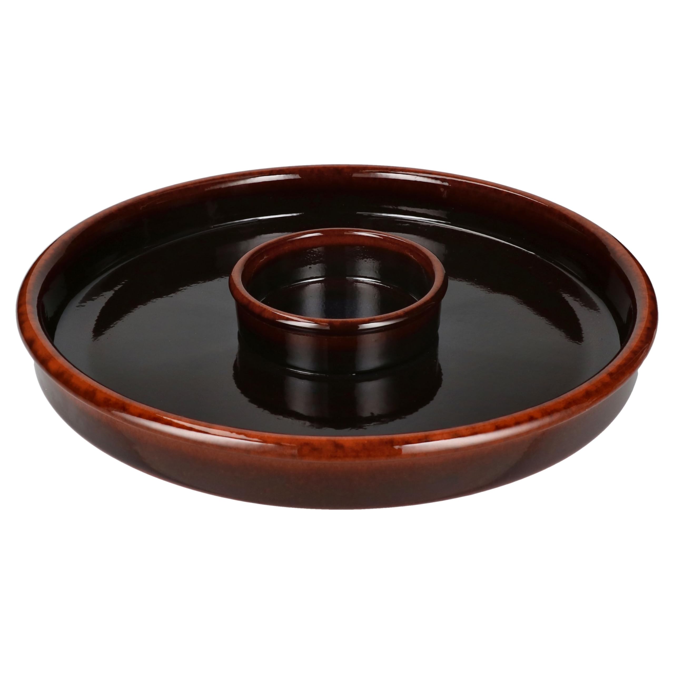MamboCat Tapas-Schale Aus Ton, 33,5 Cm – Dunkelbraune Schale Mit Integriertem Dip-Schälchen Für Antipasti, Fingerfood & Tapas