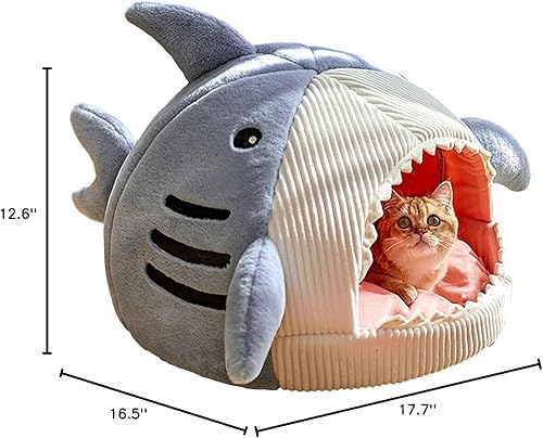 Miniatura 14 de QWINEE Tapete para gatos en forma de tiburón para perrera, cama para gatitos, cálida, suave, cómoda, semicerrada, nido de perro, gris, pequeño