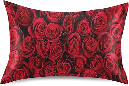 Funda de almohada de satén de rosa roja natural para cabello y piel, fundas de almohada de satén con cierre de sobre, tamaño estándar (20 x 26