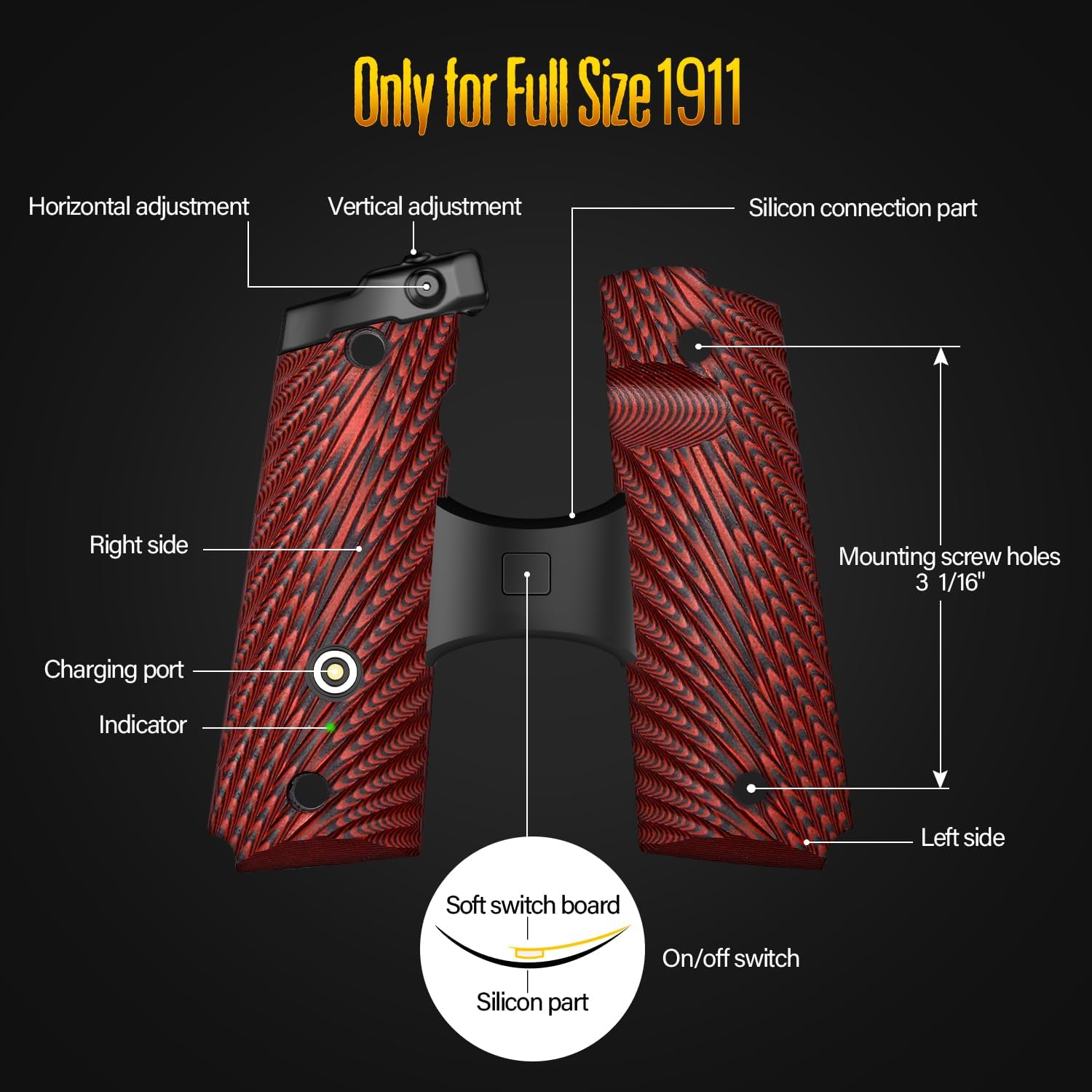 DARKFANG Compact/Full Size 1911 Laser Grip with Ambi Safety Cut, G10 1911 Laser Sight No Rail with Rechargeable Battery