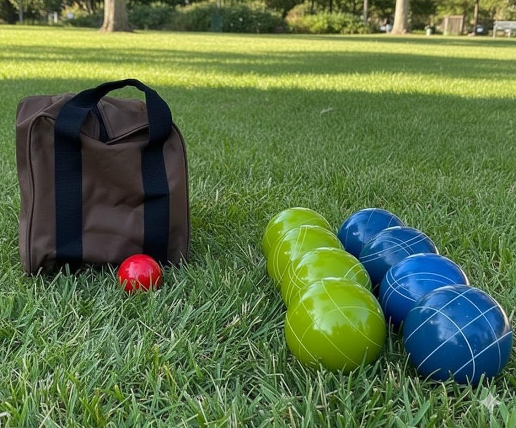 BuyBocceBalls Listing - Made in USA, Premium Quality Official Tournament Bocce Set - 107mm Blue and Lime Green Balls Nylon Bag; Regulation Size Balls 920 Grams (2 lbs. 1 oz.).