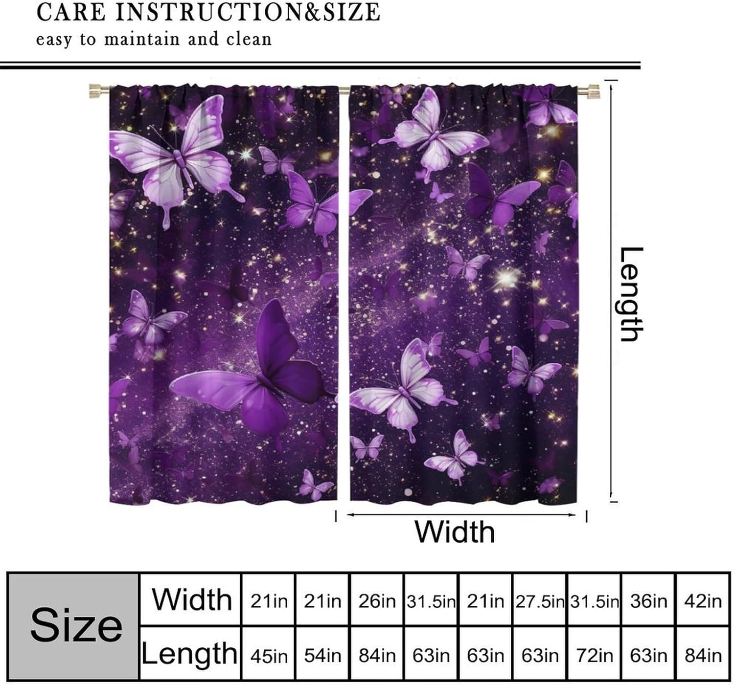 Butterfly Curtains, Purple Dream Fantasy Starlight Butterfly Pattern for Kids Girls Room Decor, Print Blackout Drapes for Living Room Bedroom Kitchen 2 Panel Set 21" W X 54" L
