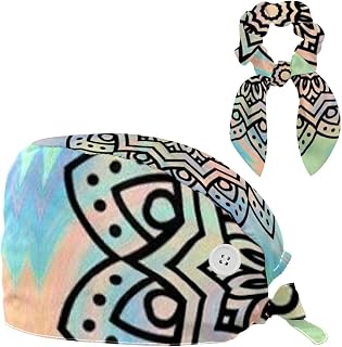 FVQL Bouffant Caps with Hairband Surgical Caps Reusable Scrub Hats, Mandala Floral Pattern Colorful