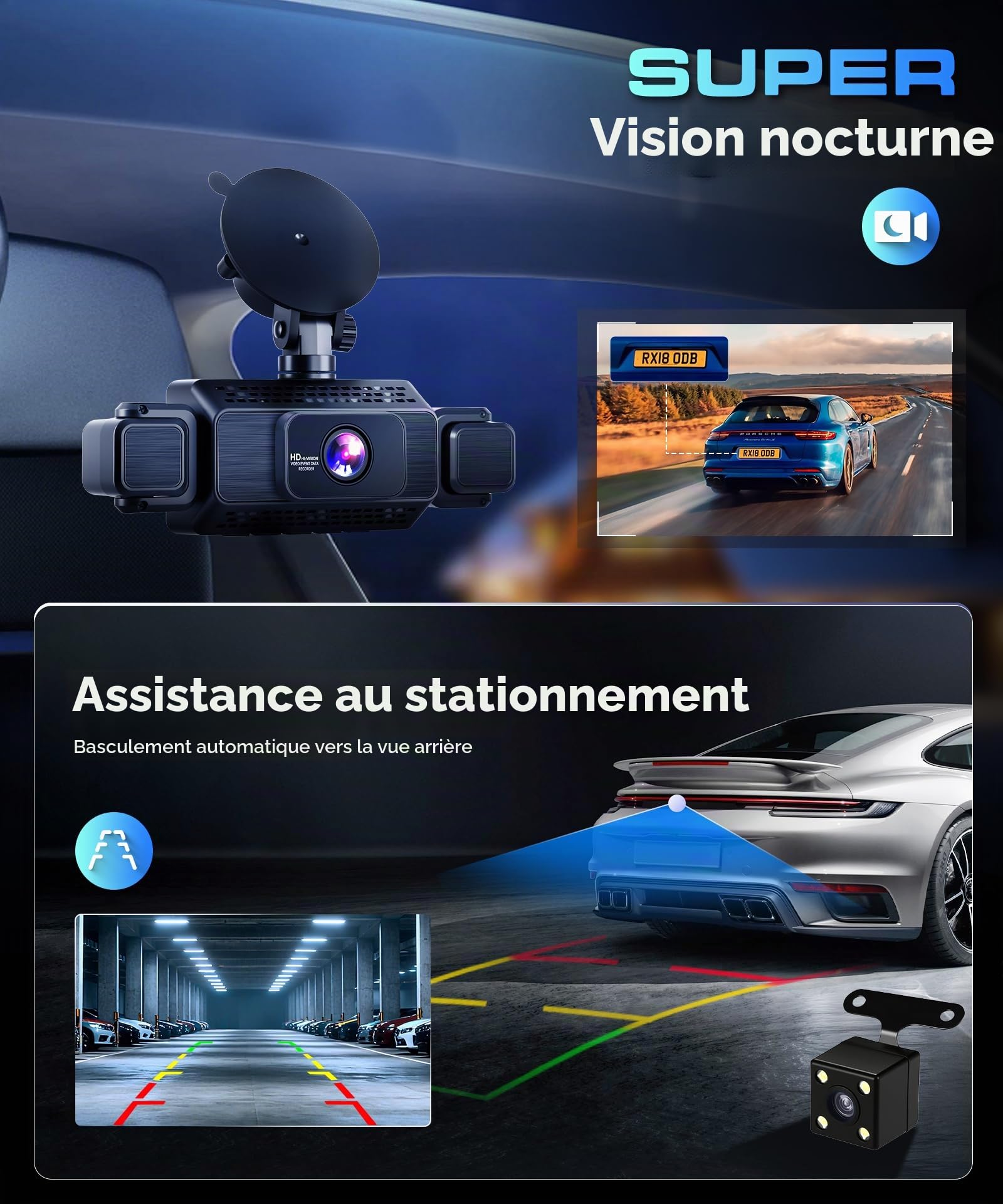 Caméra de Tableau de Bord 1080P Avant et arrière avec WiFi,4 caméras de Voiture avec écran IPS de 3",Vision Nocturne,capteur G,Enregistrement en Boucle, Protection à 360 degrés,avec Carte SD 64 Go