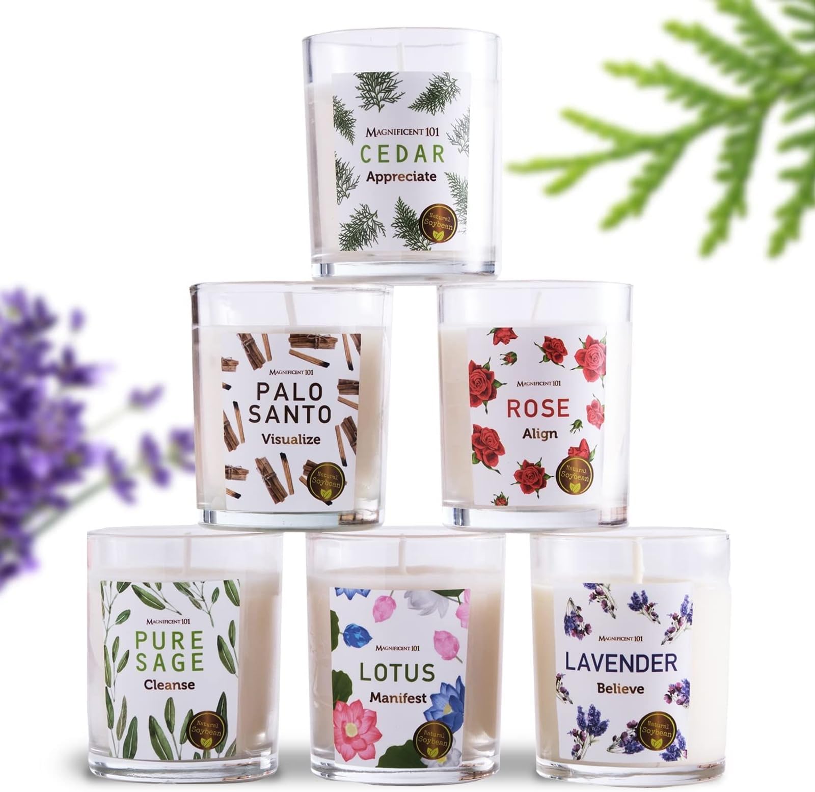 Long-Lasting Manifestation & Intention Aromatherapy Candles - Set of 6 | 21 Oz - 84-Hour Burn | 100% Soy Wax - Cedar, Palo Santo, Pure Sage, Lotus, Rose & Lavender
