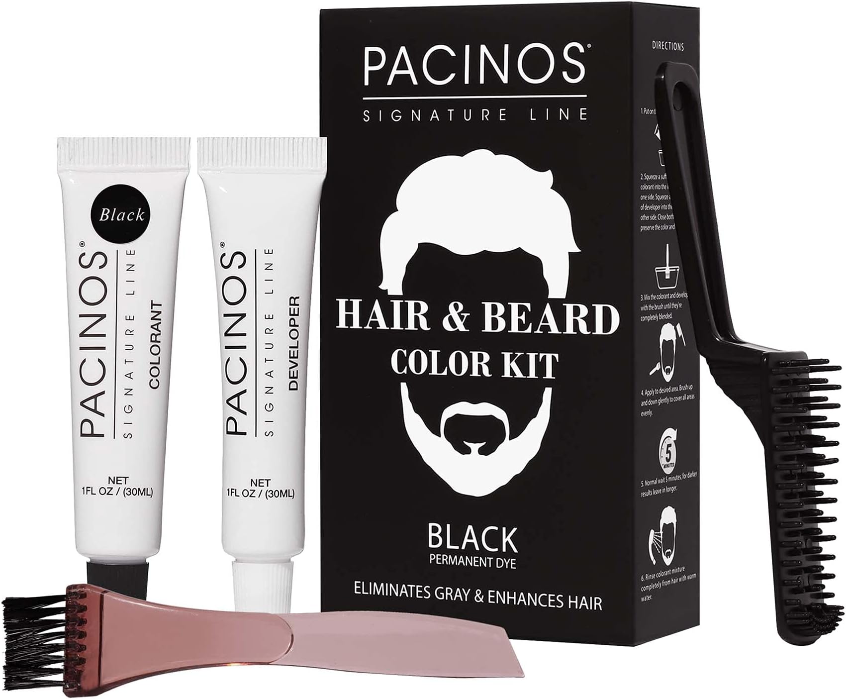 Hair & Beard Color Kit (Black) - Hair Color For Men, Eliminates Grays in 5 minutes, Easy to Apply Brush-In Formula, Enhances Appearance of Hair for Moustache & Beard