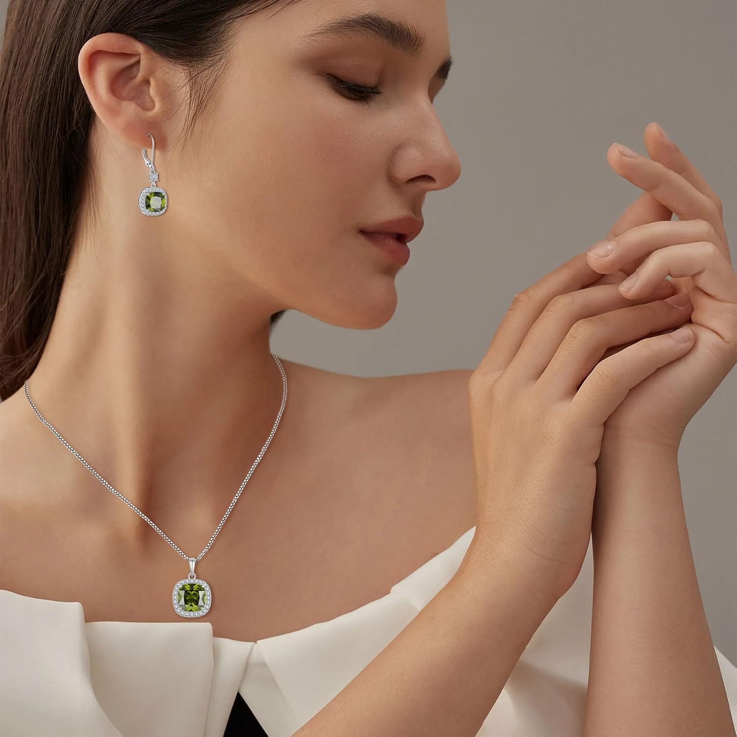 Princess Cut Jewelry Set for Women 925 Sterling Silver Peridot August Birthstone Necklace Halo Dangle Drop Leverback Earrings Jewelry for Mom Wife