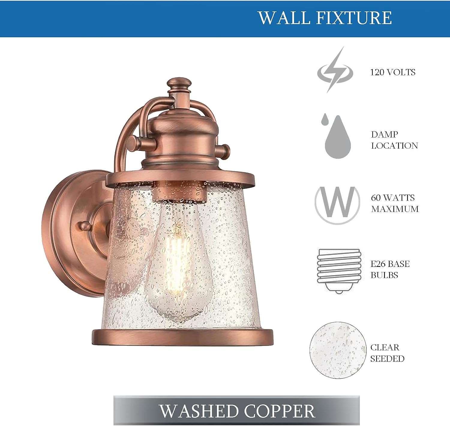 Ciata Lighting Outdoor Lighting fixtures Wall Mount One-Light Lantern Sconce Copper Light Fixtures Weather Resistant, 60-Watt, Outdoor Fixture in Washed Copper Finish with Clear Seeded Glass – 2 Pack