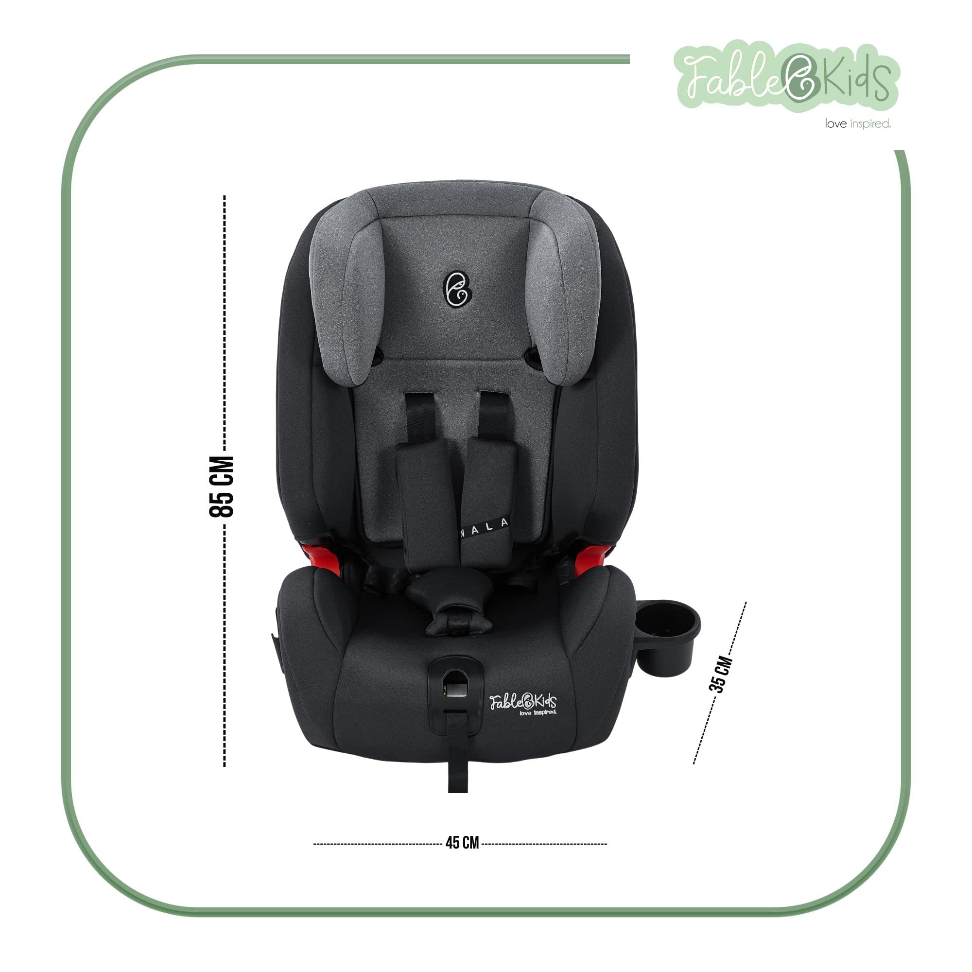 FableKids z Isofix Fotelik samochodowy dla dziecka | Fotelik samochodowy | Fotelik dziecięcy | Grupa 1/2/3 9-36 kg | Zagłówek regulowany w 8 pozycjach i uchwyt na kubek |Szary Czarny
