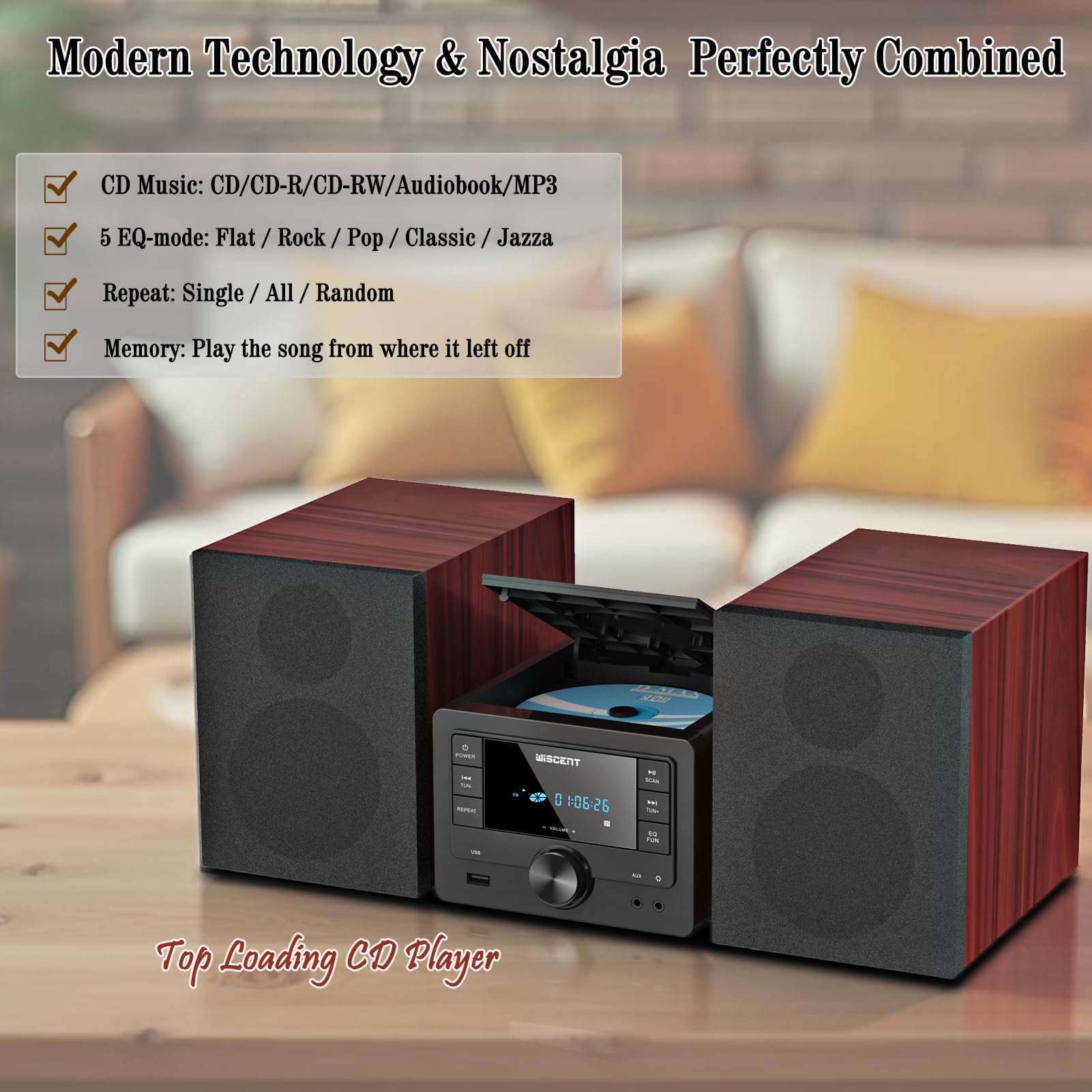 Micro Chaine HiFi avec Lecteur CD - Système Stéréo Bluetooth 40W, Radio FM, USB MP3, Entrée AUX, Enceintes Bibliothèque - Mini Chaine HiFi CD USB Bluetooth Compacte