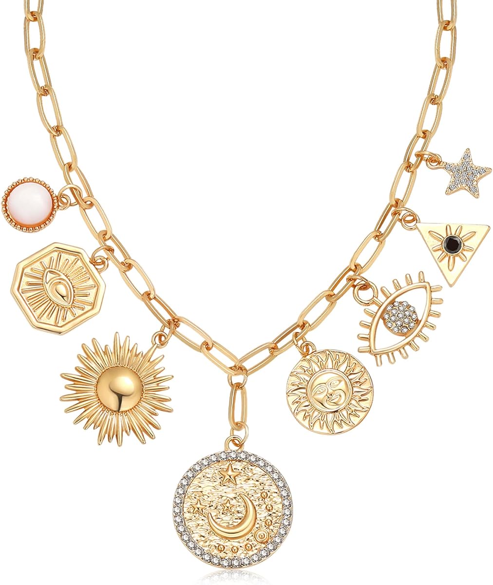 Collar con dije para mujer, oro, mal de ojo, sol, luna, flor, colgante de moneda, cadena delicada con clip, amuleto de la suerte, gargantilla, collares, joyería celestial, regalo