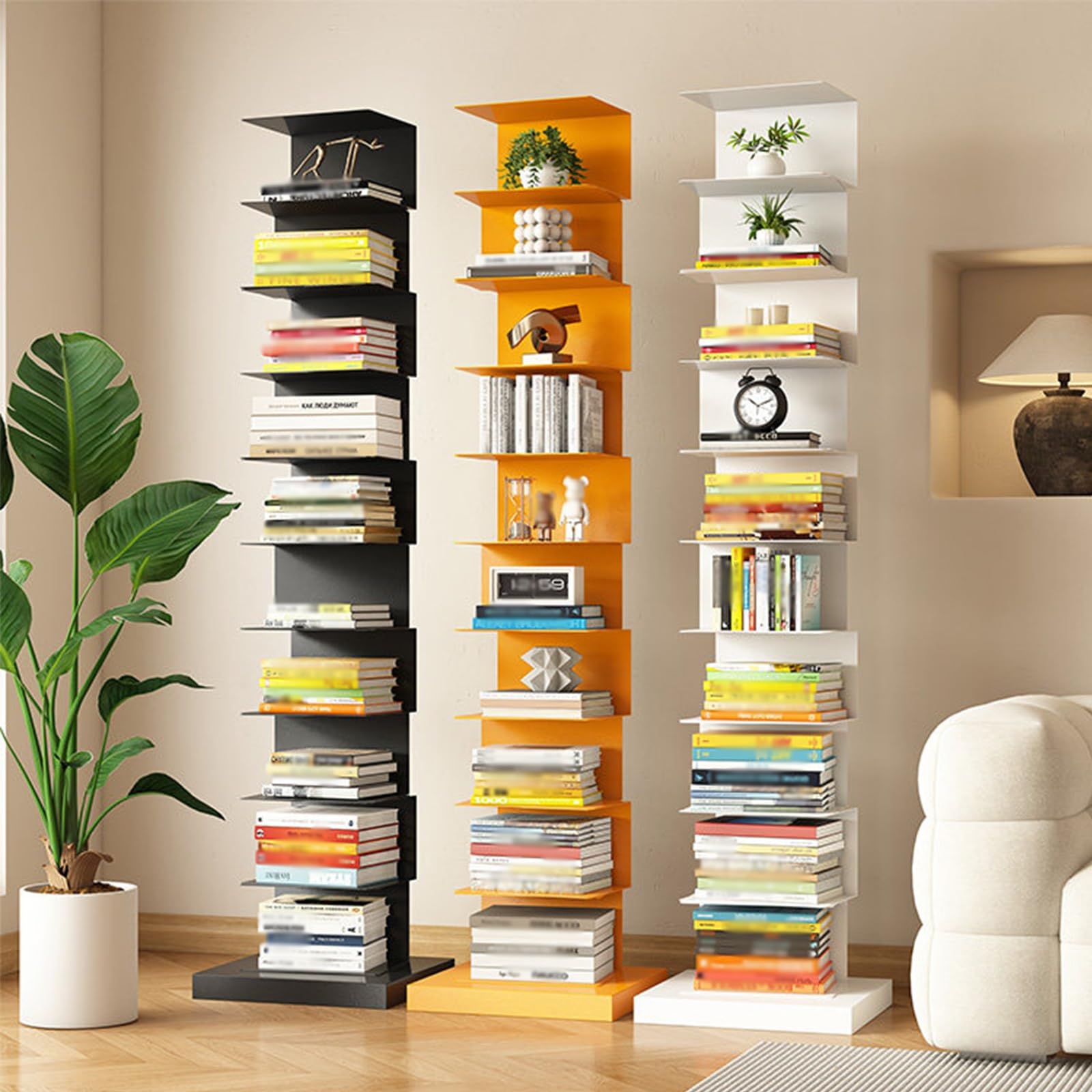 Vertikales Säulen-Bücherregal Mit Beschwertem Standfuß, An DREI Seiten Offenes Design, Freistehendes Metallregal Für Wohnzimmer, Esszimmer, Büro Und Arbeitszimmer(Orange,9-Tier)