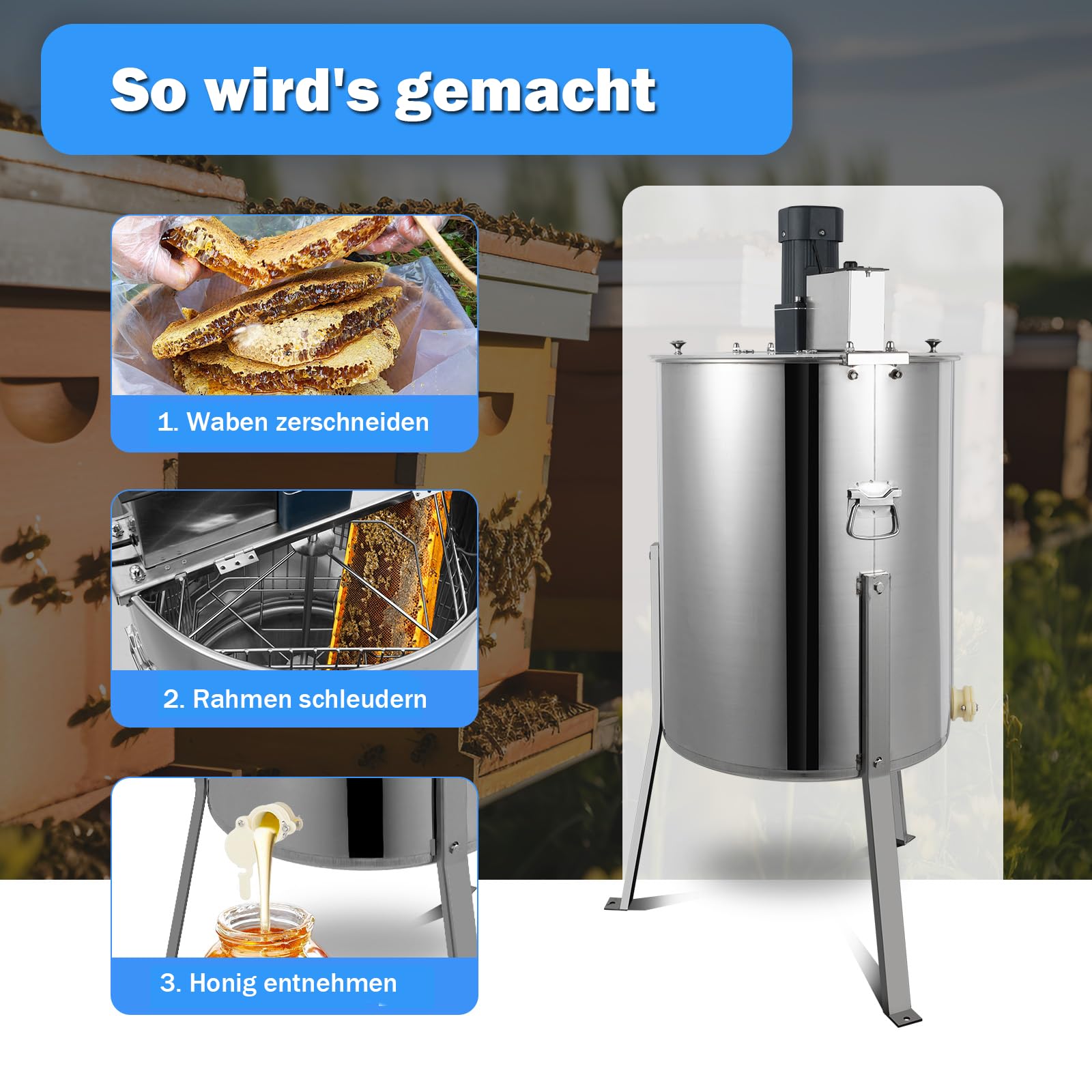 Elektrische Honigschleuder mit 4 Waben – 140W Edelstahl Honiggewinnung mit Geschwindigkeitsregelung und Transparentem Acryl-Deckel