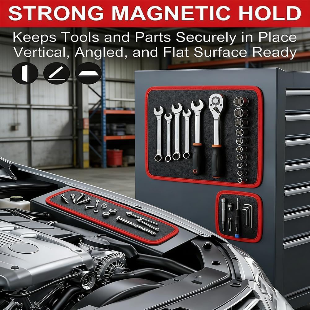 Magnetic Pads For Tools, 2026 New Flexible Magnetic Tool Mat & Tray Set, Heavy Duty Silicone Tool Holder Mat, For Screws Bolts Nuts Wrenches Parts, Garage Workshop Auto Repair (Red, Set)