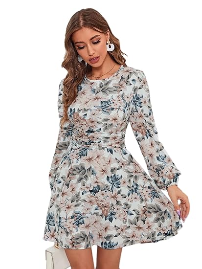 Lymio Women's Multi Color Round Neck Long Sleeve Polyester Dress