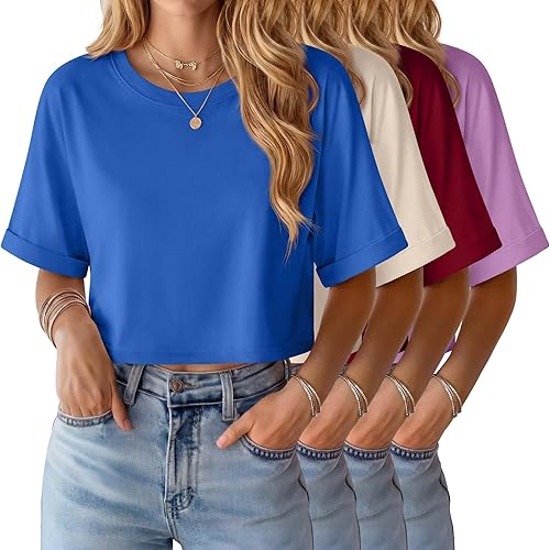 Oakgarden 4 Pack Women's Crop Tops Oversized T Shirt Half Sleeve Summer Tees Casual Loose Fit Crew Neck Basic Shirts