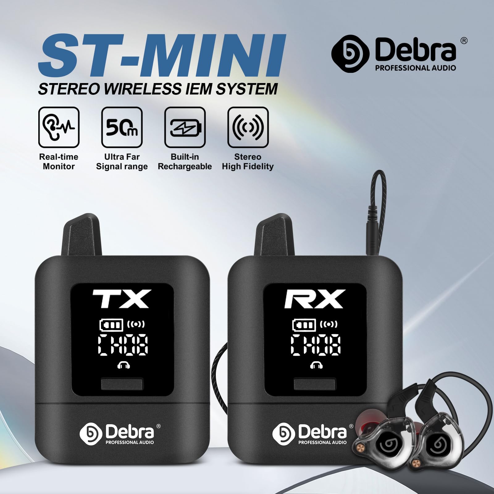Debra ST-Mini Sistema IEM Professionale – Trasmissione Wireless 2.4G a 50m, Autonomia Prolungata, Ricevitori Illimitati Nero