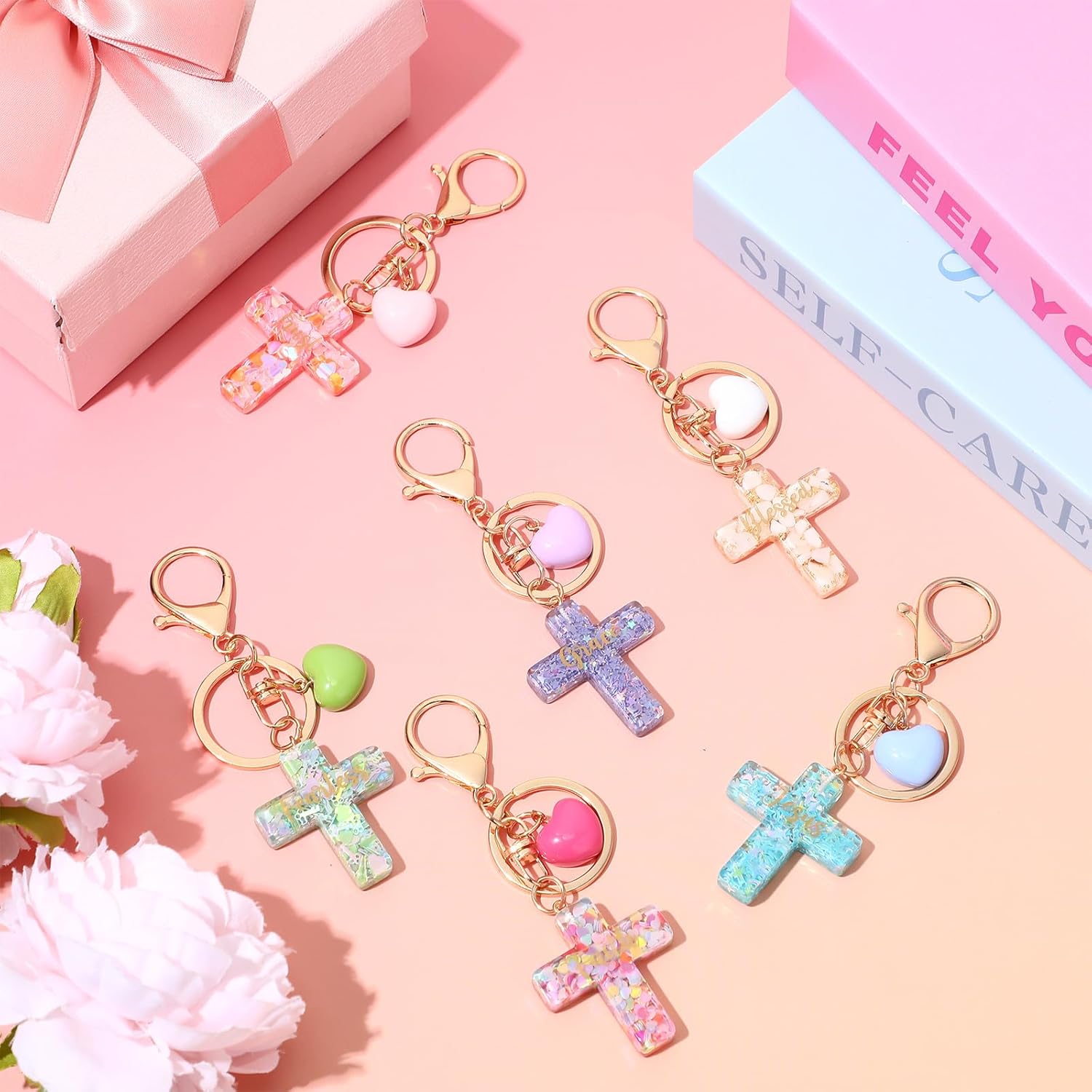 Nosiny 30 Pcs Cross Keychains Bulk Christian Gifts for Women Resin Glitter Keychains Colorful Cross with Hearts Key Ring for Easter Women Sister Gift - Image 5
